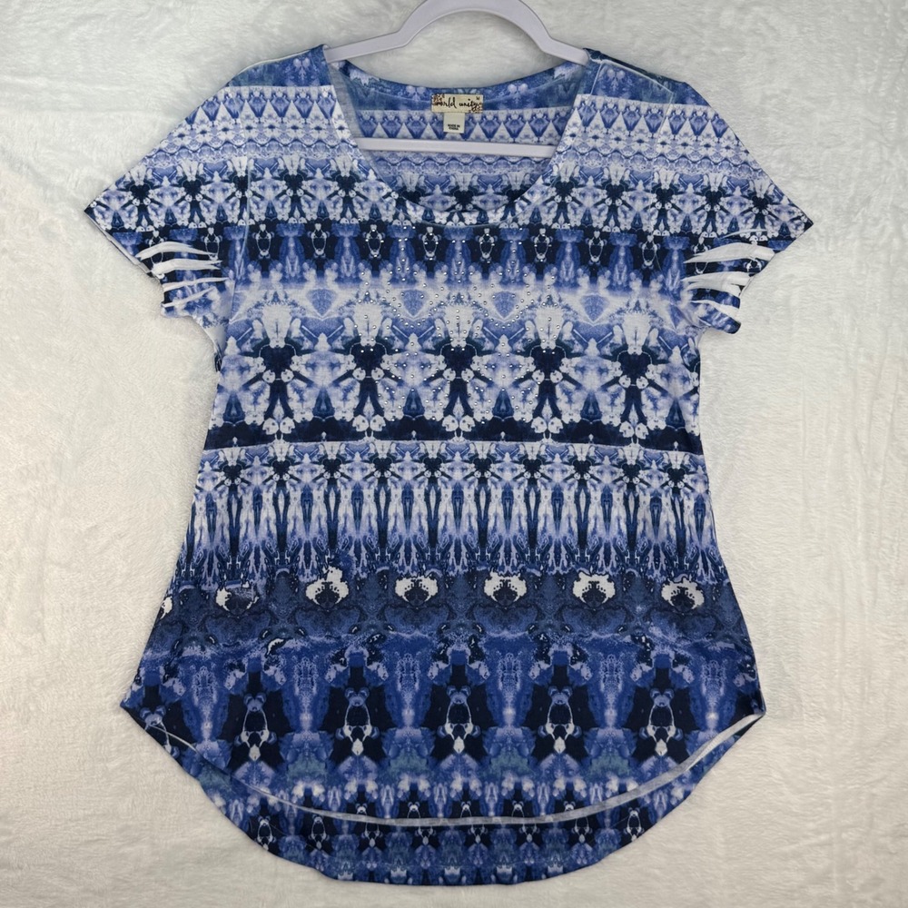 World Unity Blue White Kaleidoscope Tie Dye‎ Rhinestone Shredded Sleeve Top M
